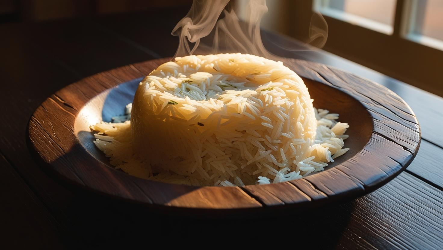 arroz basmati con plato rustico de madera